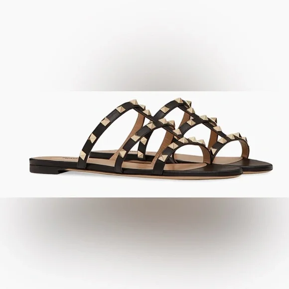 Valentino Garavani Black Rockstud Flat Slide Sandals - Picture 2 of 14